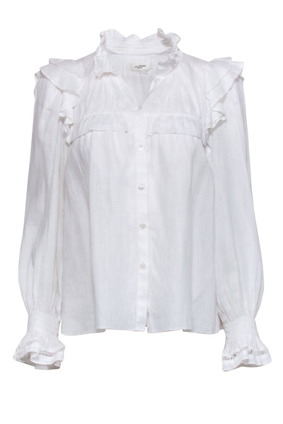 Current Boutique-Isabel Marant Etoile - White Linen Ruffle Neckline Top Sz 4