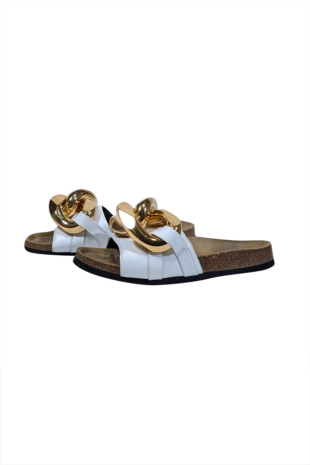 Current Boutique-JW Anderson - Ivory Leather Upper Slide Sandals w/ Large Chunky Gold Chain Trim Sz 7