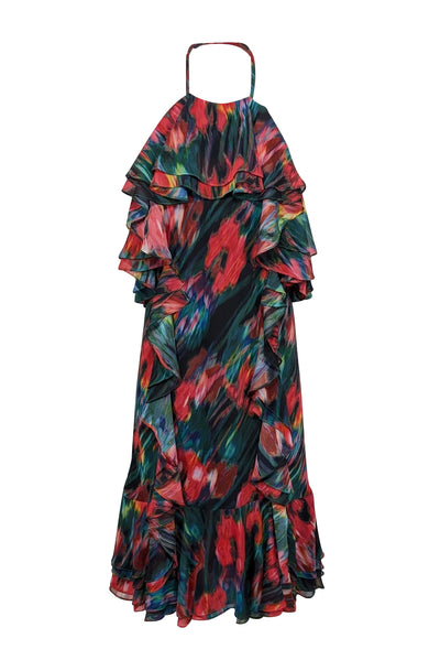 Current Boutique-Jason Wu - Green, Red, & Multicolor Blurred Floral Print Chiffon Dress Sz 12