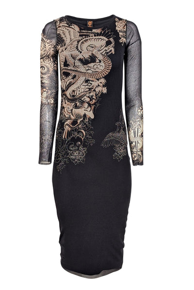 Current Boutique-Jean Paul Gaultier - Black & Beige "Tattoo" Mesh Long Sleeve Dress Sz M