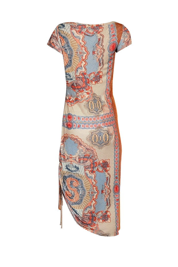 Current Boutique-Jean Paul Gaultier - Orange, Blue, & Cream Print Short Sleeve Midi Dress Sz L