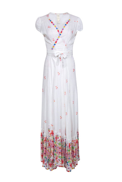 Current Boutique-Jen's Pirate Booty - White Short Sleeve Maxi Wrap Dress w/ Aztec Print Sz M
