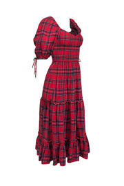 Current Boutique-Jessakae - Red & Navy Plaid Cotton Puff Sleeve Midi Dress Sz XXS