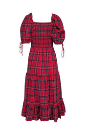 Current Boutique-Jessakae - Red & Navy Plaid Cotton Puff Sleeve Midi Dress Sz XXS