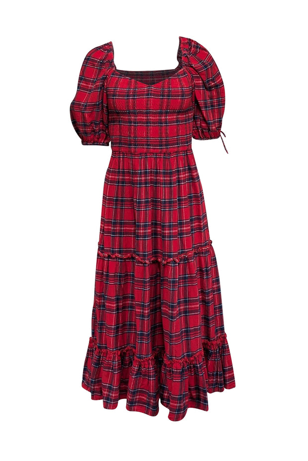 Current Boutique-Jessakae - Red & Navy Plaid Cotton Puff Sleeve Midi Dress Sz XXS