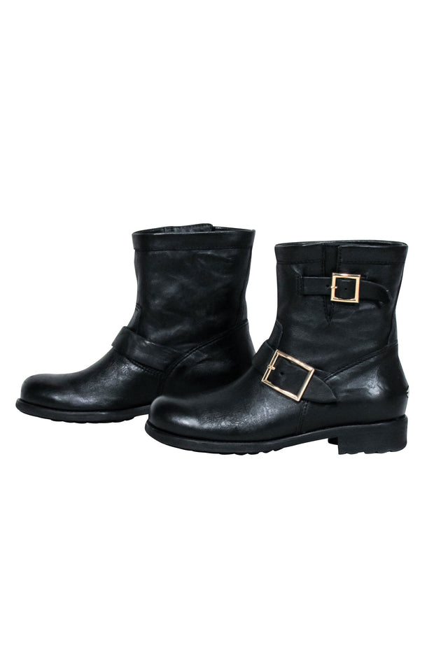 Current Boutique-Jimmy Choo - Black Leather Ankle Buckle Short Boots Sz 7.5