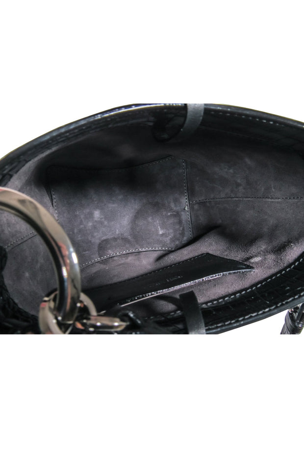 Current Boutique-Jimmy Choo - Black Patent Croc Texture Mini Bucket Bag