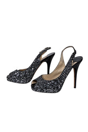 Current Boutique-Jimmy Choo - Black & Silver Glitter Open-Toe Strappy Pumps Sz 9