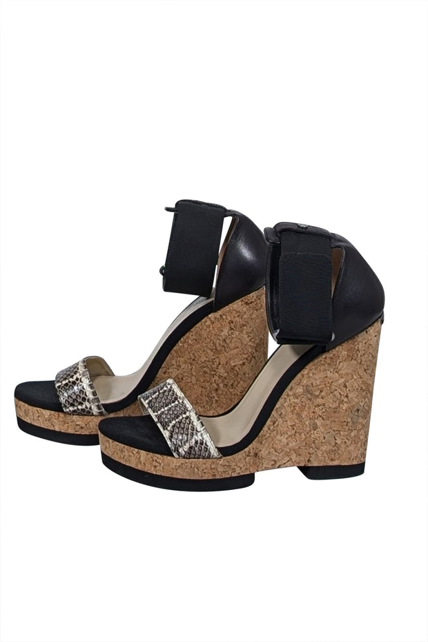 Current Boutique-Jimmy Choo - Black & Tan Cork Wedges w/ Snakeskin Print Detail Sz 11