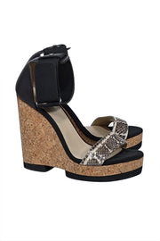 Current Boutique-Jimmy Choo - Black & Tan Cork Wedges w/ Snakeskin Print Detail Sz 11