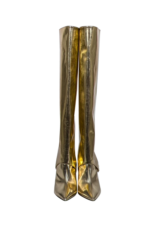 Current Boutique-Jimmy Choo - Gold Patent Leather "Hurley" Tall Boots w/ Detachable Shaft Sz 10