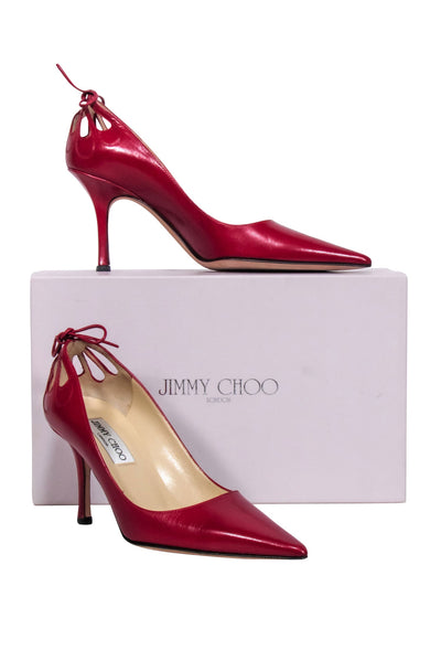 Current Boutique-Jimmy Choo - Red Leather Pointed-Toe Lasercut Accent Pumps Sz 6.5