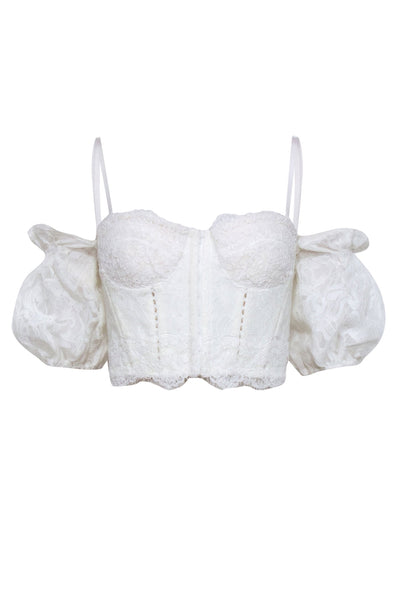 Current Boutique-Johnathan Simkhai - White Puff Sleeve Lace Bustier Top Sz 8