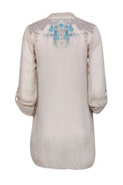 Current Boutique-Johnny Was - Beige w/ Blue Embroidered Detail Top Sz XS