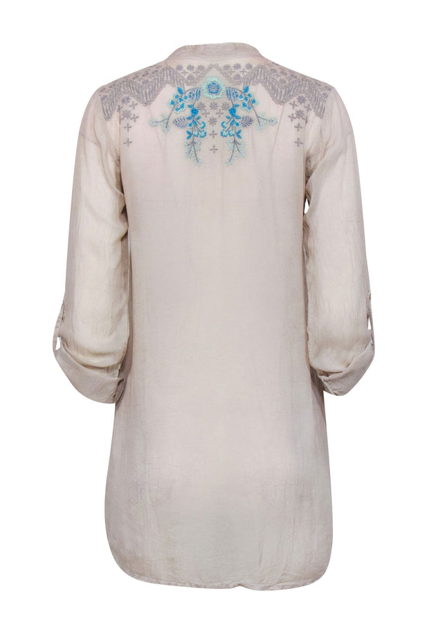 Current Boutique-Johnny Was - Beige w/ Blue Embroidered Detail Top Sz XS