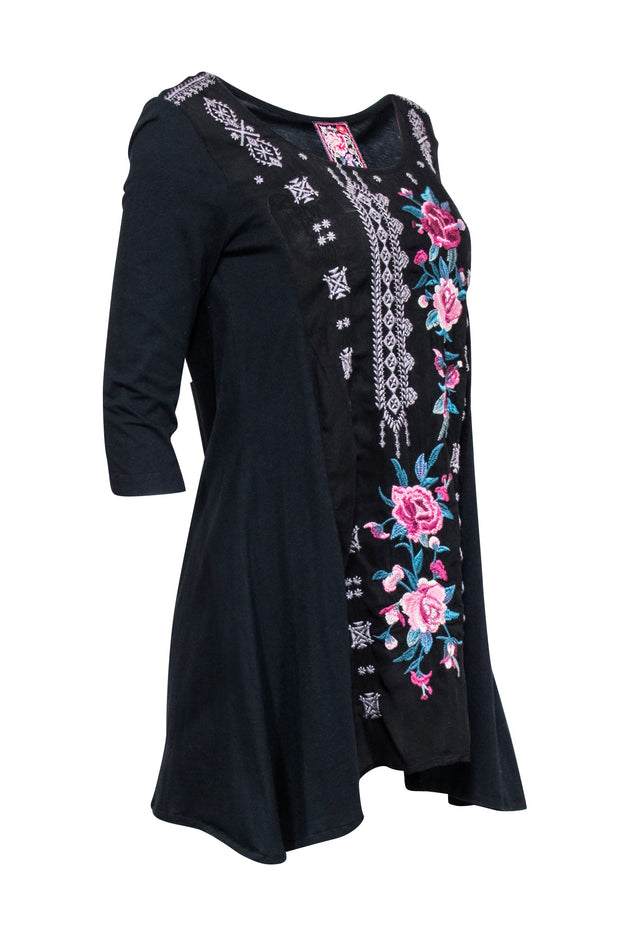 Current Boutique-Johnny Was - Black Tunic Top w/ Multi Color Embroidered Detail Sz S
