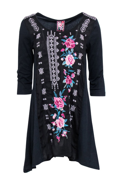 Current Boutique-Johnny Was - Black Tunic Top w/ Multi Color Embroidered Detail Sz S