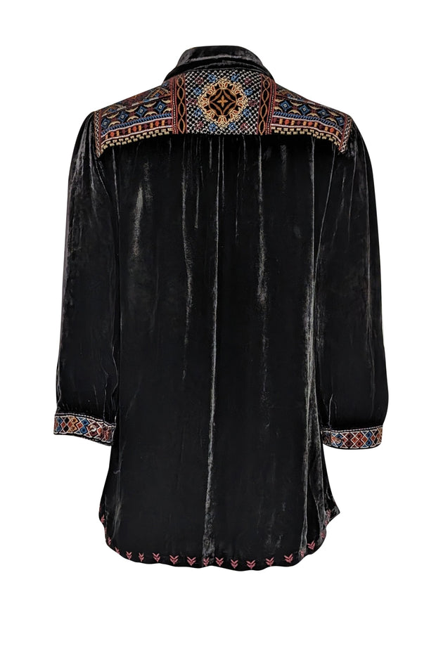 Current Boutique-Johnny Was - Black Velvet Tunic Top w/ Embroidery Sz M