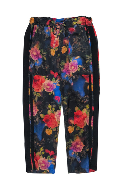 Current Boutique-Johnny Was - Black w/ Multicolor Floral Printed Silk Drawstring Pants Sz XS