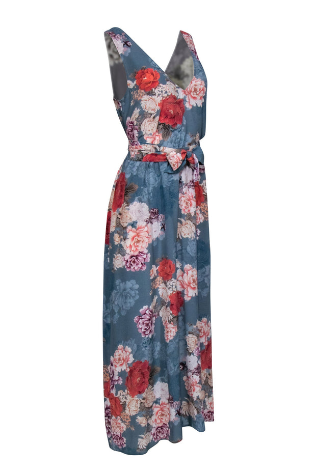 Current Boutique-Johnny Was - Blue Silk Floral Print Sleeveless Maxi Dress Sz S