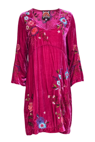 Current Boutique-Johnny Was - Fuchsia Crushed Velvet Floral Embroidered "Ulla" Dress Sz S