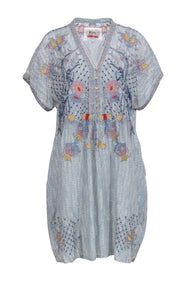 Current Boutique-Johnny Was - Light Blue Floral Embroidered Short Sleeve Dress Sz L