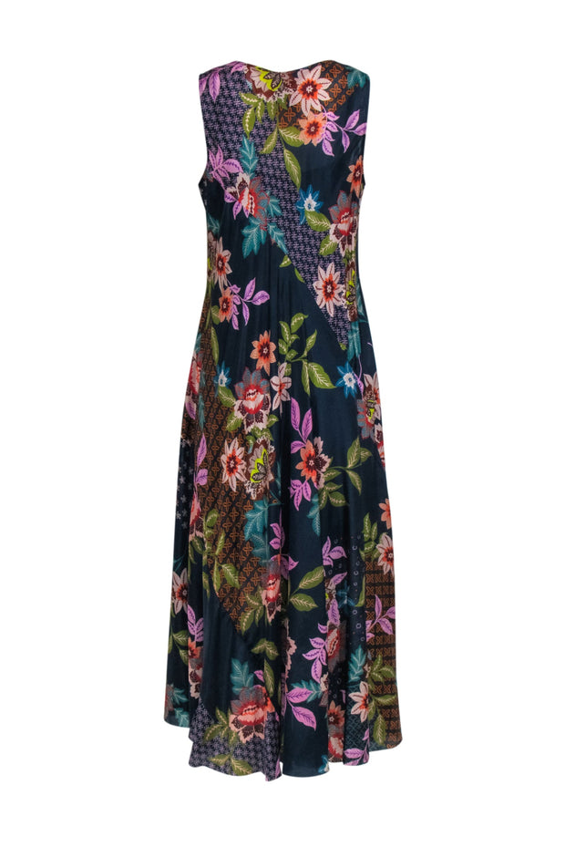 Current Boutique-Johnny Was - Navy Floral Silk Sleeveless Midi Dress Sz L