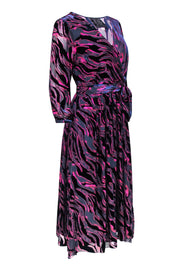 Current Boutique-Johnny Was - Navy, Pink, & Red Print Velvet Burn Out Wrap Bodice Dress Sz S