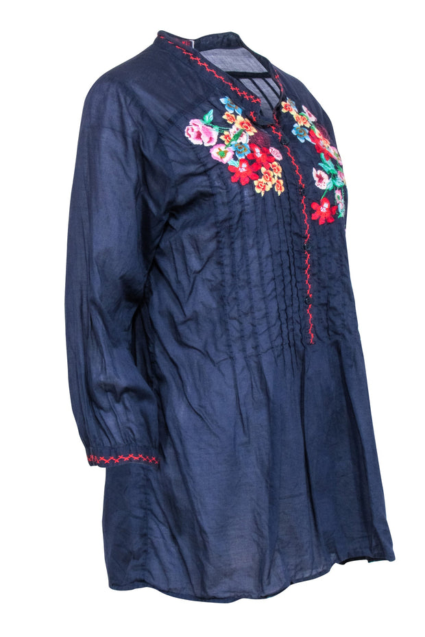 Current Boutique-Johnny Was - Navy w/ Multi Color Floral Embroidered Long Sleeve Top Sz M