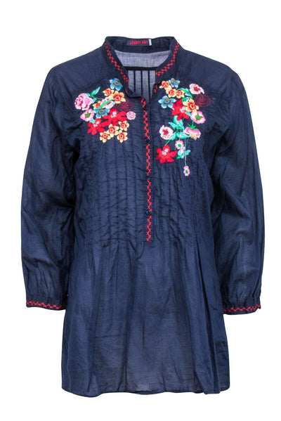 Current Boutique-Johnny Was - Navy w/ Multi Color Floral Embroidered Long Sleeve Top Sz M