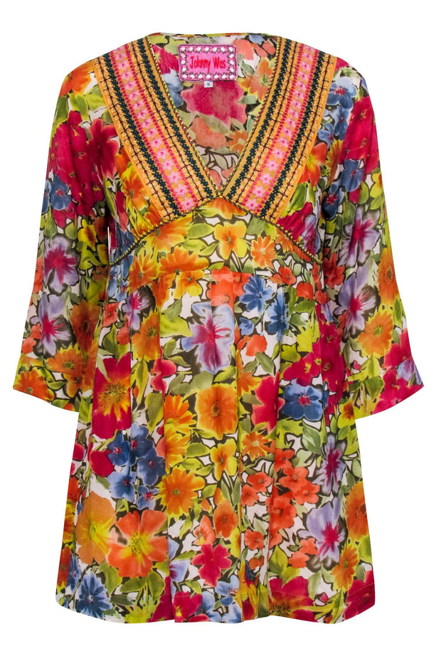 Current Boutique-Johnny Was - Red & Multicolor Floral Tunic Blouse Sz S