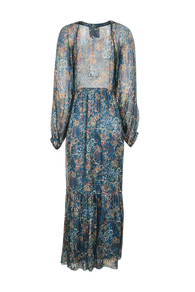 Current Boutique-Johnny Was - Teal w/ Multicolor Floral Print Silk Maxi Dress Sz M