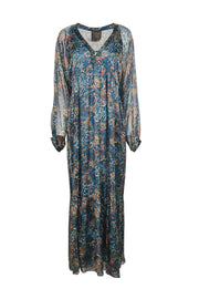 Current Boutique-Johnny Was - Teal w/ Multicolor Floral Print Silk Maxi Dress Sz M