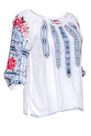 Current Boutique-Johnny Was - White w/ Blue & Floral Embroidered Tunic Shirt Sz XS