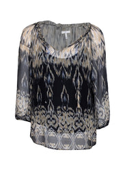 Current Boutique-Joie - Beige & Black Print Silk Semi Sheer Blouse Sz S