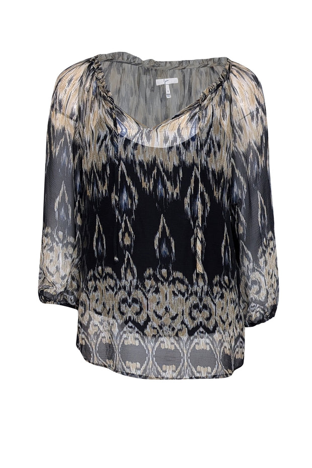 Current Boutique-Joie - Beige & Black Print Silk Semi Sheer Blouse Sz S