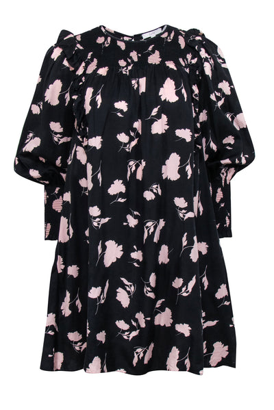 Current Boutique-Joie - Black & Pink Floral Print Smocked Babydoll Dress w/ Ruffles Sz S