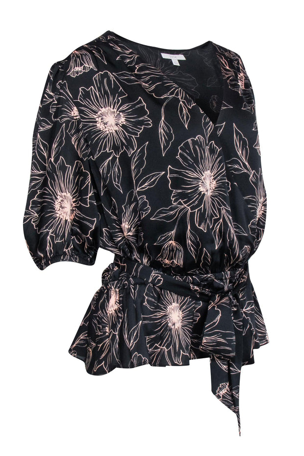 Current Boutique-Joie - Black w/ Blush Floral Print Crop Sleeve Wrap Top Sz L
