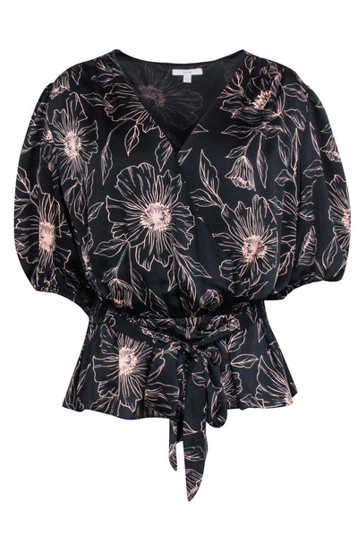 Current Boutique-Joie - Black w/ Blush Floral Print Crop Sleeve Wrap Top Sz L