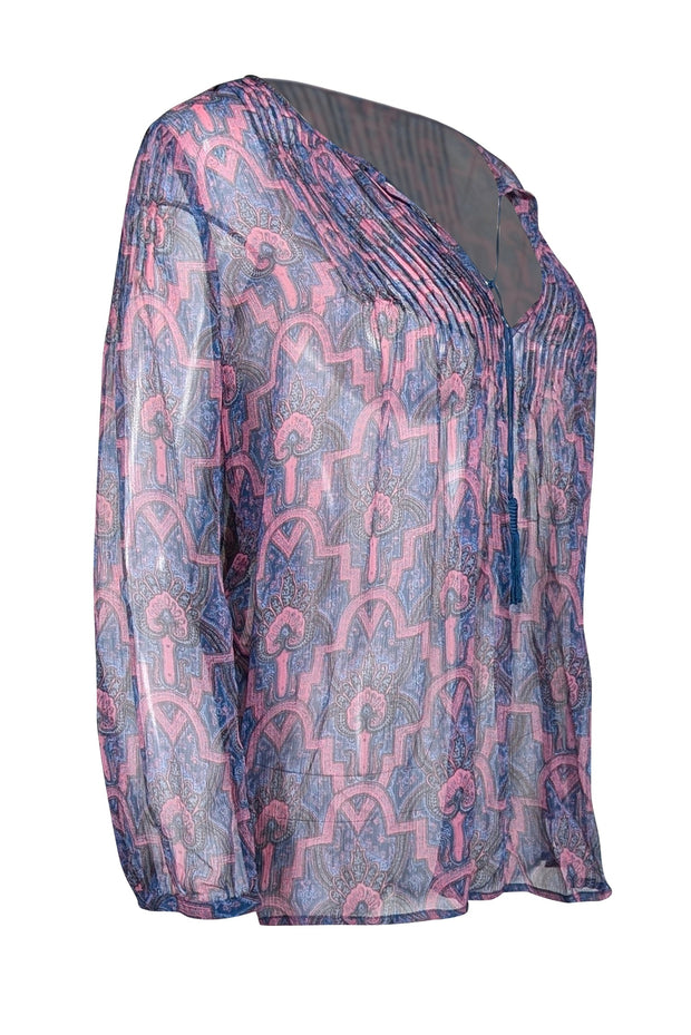 Current Boutique-Joie - Blue & Pink Print Blouse w/ Tassels Sz S