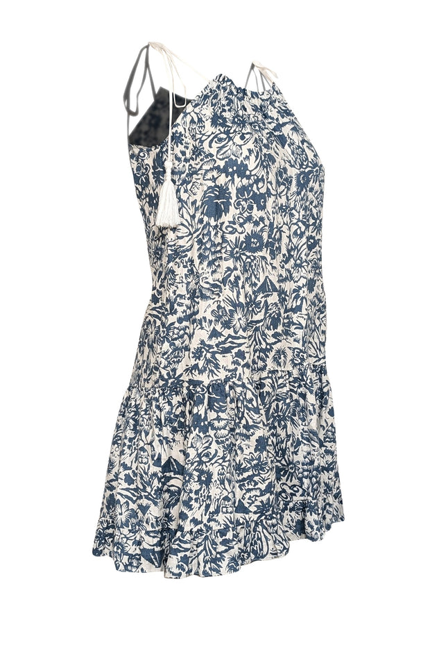 Current Boutique-Joie - Blue & White Floral Sleeveless w/ Tassel Straps Linen Mini Dress Sz XS