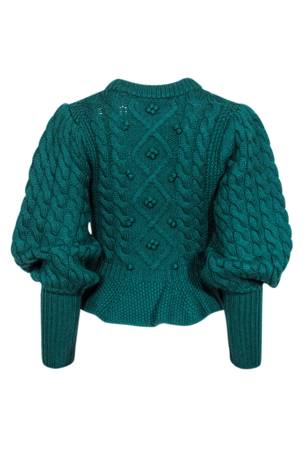 Current Boutique-Joie - Green Cable Knit w/ Textured Details Balloon Sleeve Sweater Sz S