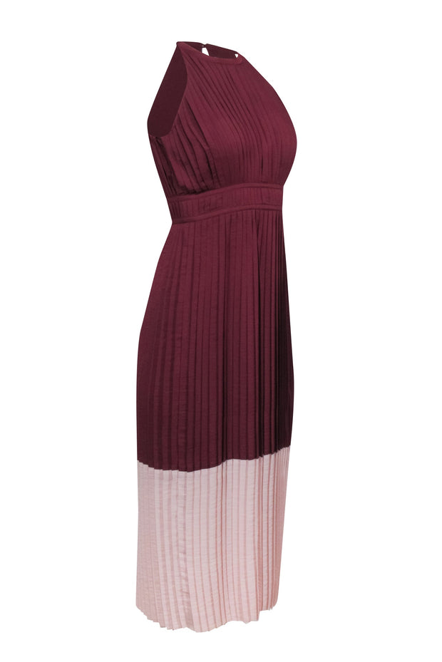 Current Boutique-Joie - Maroon w/ Blush Trim Pleated Sleeveless Mid-Maxi Dress Sz 00