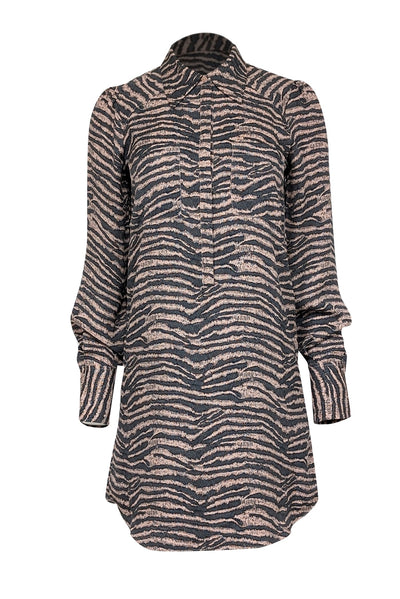 Current Boutique-Joie - Pale Peach & Charcoal Tiger Print Chiffon Shirtdress Sz XS