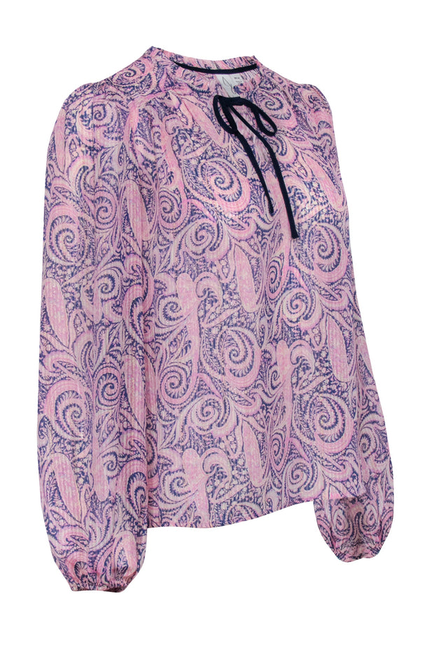 Current Boutique-Joie - Pink & Blue Metallic Paisley Print Semi-Sheer Blouse Sz M