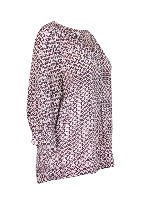 Current Boutique-Joie - Pink Geometric Print Cropped Sleeve Silk Notch Neckline Top Sz M