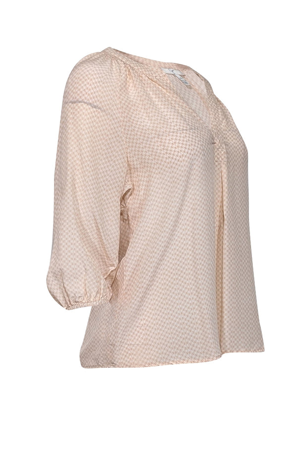 Current Boutique-Joie - Pink & Ivory Micro Hounds-Tooth Print Silk Cropped Sleeve Shirt Sz XS