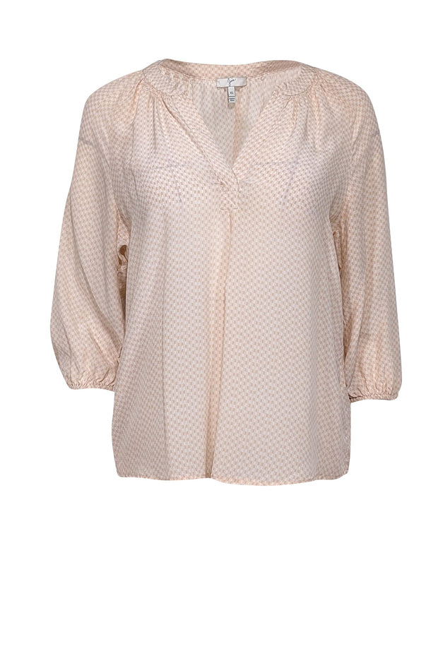 Current Boutique-Joie - Pink & Ivory Micro Hounds-Tooth Print Silk Cropped Sleeve Shirt Sz XS