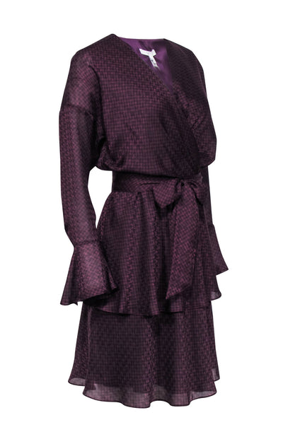 Current Boutique-Joie - Plum Purple & Black Houndstooth Print Ruffled Dress Sz S