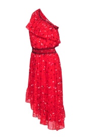 Current Boutique-Joie - Red Asymmetrical One-Shoulder Floral Print Silk Dress Sz S